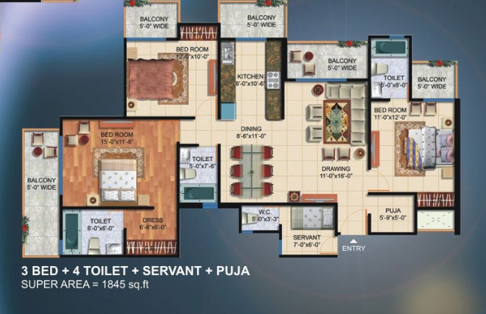 3 BHK with Servant Floor Plan